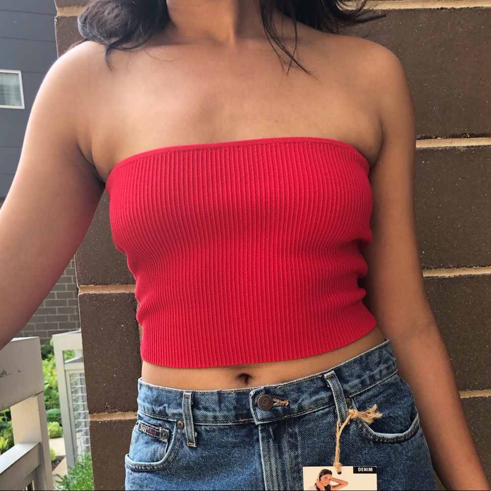 NWOT Red Ribbed Bandeau Crop Top